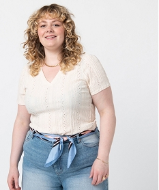 GEMO Tee-shirt femme grande taille à manches courtes en maille ajourée Beige