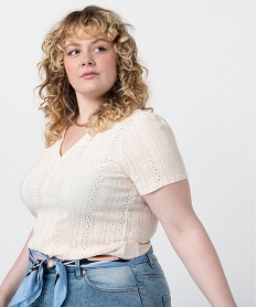 tee-shirt femme grande taille a manches courtes en maille ajouree beigeG327301_2
