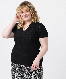 GEMO Tee-shirt femme grande taille à manches courtes en maille ajourée Noir