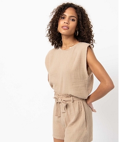 GEMO Blouse femme sans manches avec épaulettes en gaze de coton beige standard
