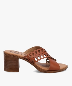 GEMO Mules femme à talon et brides croisées en cuir ajouré - Tanéo marron standard