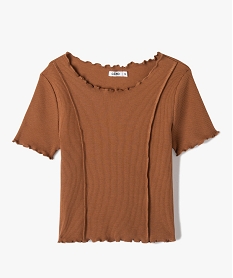 GEMO Tee-shirt fille en maille côtelée avec finitions froncées marron fonce