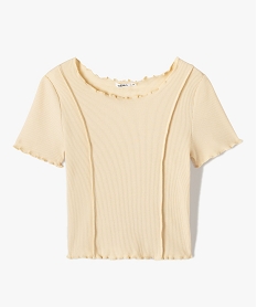 GEMO Tee-shirt fille en maille côtelée avec finitions froncées Beige