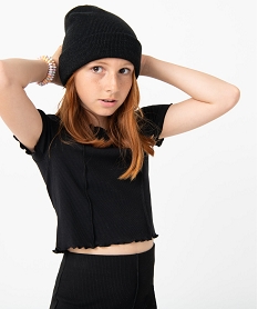 GEMO Tee-shirt fille en maille côtelée avec finitions froncées noir standard