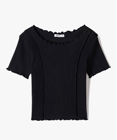 tee-shirt fille en maille cotelee avec finitions froncees noirG333101_2