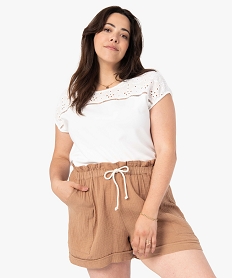 GEMO Tee-shirt femme grande taille à manches courtes et col en broderie Blanc