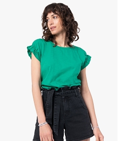 GEMO Tee-shirt femme à col rond et manches courtes froncées Vert