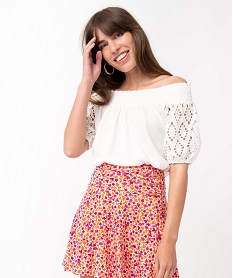 GEMO Tee-shirt femme à manches courtes et col smocké Beige