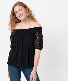 GEMO Tee-shirt femme à manches courtes et col smocké Noir