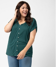 GEMO Tee-shirt femme grande taille à col V et boutons fantaisie Vert
