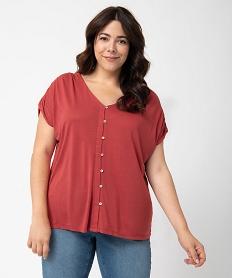 GEMO Tee-shirt femme grande taille à col V et boutons fantaisie Rouge