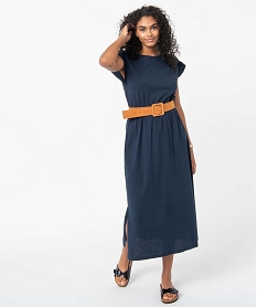 GEMO Robe femme longue avec épaules froncées Bleu