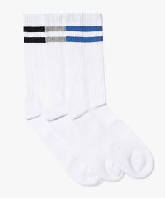 GEMO Chaussettes homme tige haute côtelée et rayée spécial sport (lot de 3) Blanc