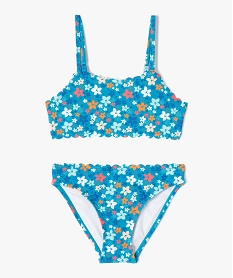 GEMO Maillot de bain fille 2 pièces à motifs fleuris avec finitions dentelées Bleu