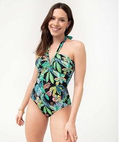 GEMO Maillot de bain femme 1 pièce bandeau avec liens tour de cou imprime tropical