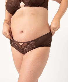 GEMO Shorty femme grande taille en dentelle tulle et microfibre marron standard