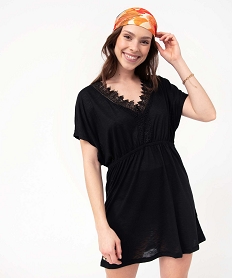 GEMO Robe de plage femme avec col en dentelle Noir