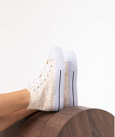 GEMO Baskets femme mid-cut en toile imprimée damier Beige