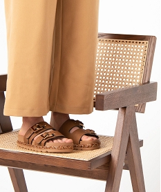 GEMO Mules femme à brides et larges boucles métallisées Brun