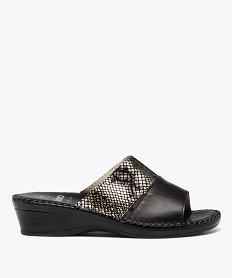 GEMO Mules femme confort compensées à brides en cuir noir standard