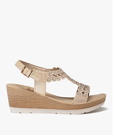 GEMO Sandales femme compensées ornées de strass et de perles dore