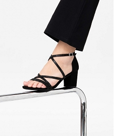 GEMO Sandales femme unies à talon et fines brides strass noir standard
