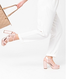 GEMO Sandales femme à talon carré et dessus textile brillant rose standard