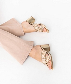 GEMO Mules femme à talon carré et brides métallisées dore