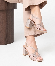 GEMO Sandales femme à talon à fines brides pailletées tressées marron standard