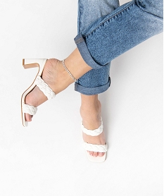 GEMO Mules femme à talon fin et brides tressées unies blanc standard