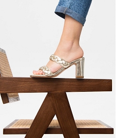 GEMO Mules femme à talon carré et larges brides tressées dore