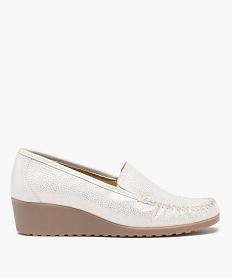 GEMO Mocassins femme confort dessus cuir métallisé souple blanc standard