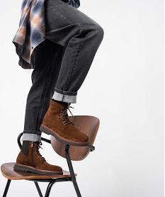GEMO Boots homme unies dessus cuir à lacets - Tanéo marron chine