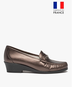 GEMO Mocassins femme confort dessus en cuir uni et à talon épais marron standard