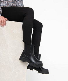 GEMO Boots femme unies style Chelsea à semelle crantée Noir