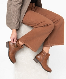 GEMO Boots femme unies avec tige drapée et bride décorative marron vif