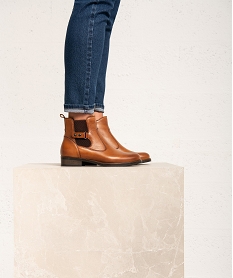 GEMO Boots femme à talon plat dessus cuir style Chelsea - Tanéo Brun
