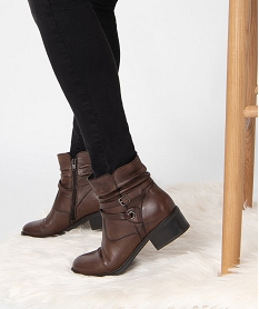 GEMO Boots femme unies à talon large tige drapée sur la cheville marron standard