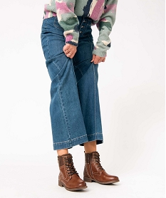 GEMO Bottines femme unies à lacets et talon plat fermeture zip marron standard