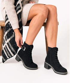 GEMO Boots femme à talon dessus en suédine fermeture lacets noir standard