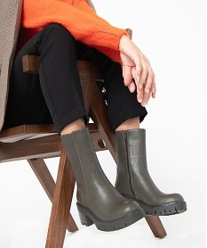 GEMO Boots femme unies à talon large et semelle crantée kaki standard
