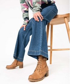 GEMO Boots femme à talon carré dessus uni avec motifs végétaux marron standard