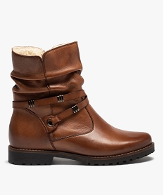 GEMO Boots fourrées femme dessus cuir uni à bride décorative – Tanéo marron standard