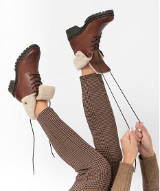 GEMO Boots fourrées femme dessus cuir uni à lacets - Tanéo marron standard