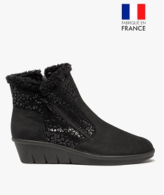 GEMO Boots fourrées femme confort dessus cuir souple uni noir standard