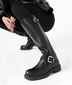 GEMO Bottes femme unies à talon plat style motardes Noir