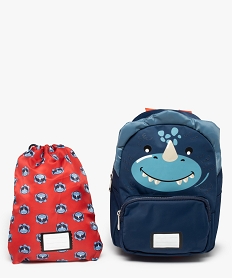 GEMO Sac à dos maternelle garçon dinosaure avec pochette assortie Bleu