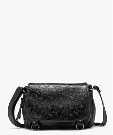 sac femme forme besace avec details zippes et fleurs en relief noirI274601_1