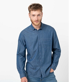 GEMO Chemise homme en coton fin aspect jean bleu standard