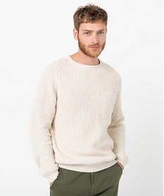 GEMO Pull homme uni en grosse maille avec empiècements Beige